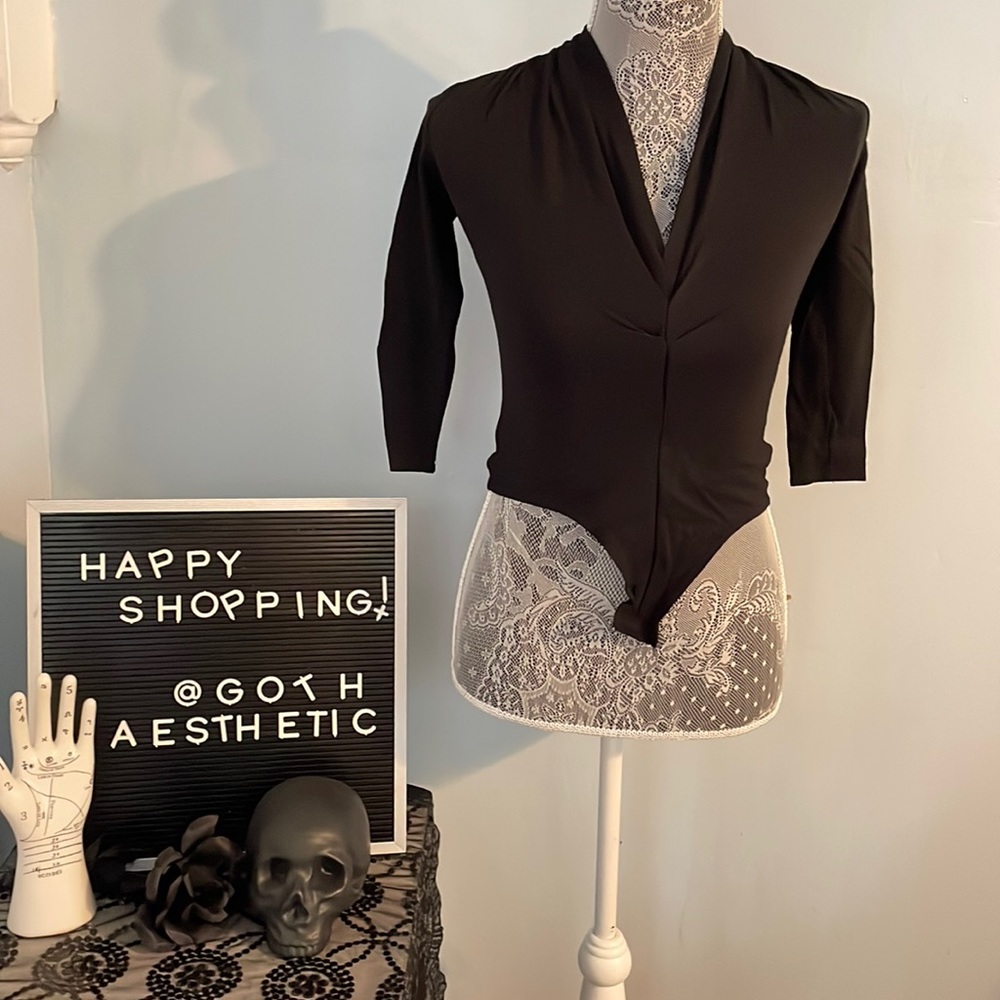 Unique Vintage Black Gathered Neckline Friday Night Bodysuit